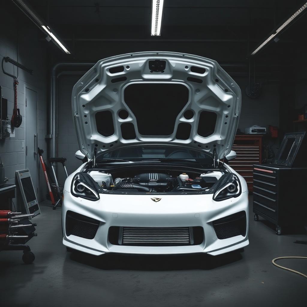 Carro com o capô aberto para manutenção do motor