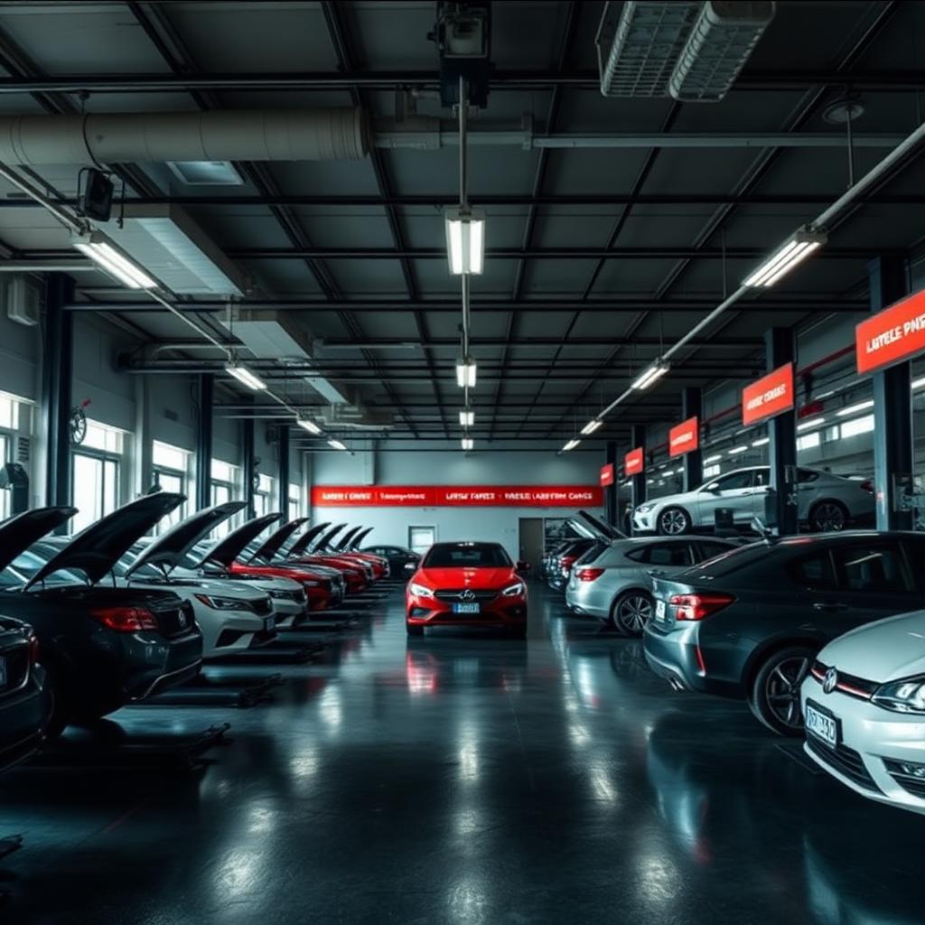 Interior da oficina com vários carros em manutenção